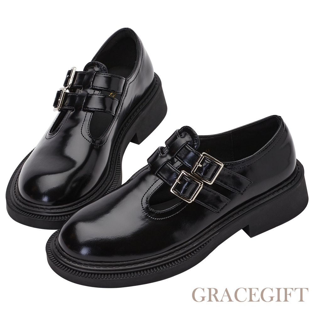 【Grace Gift】雙釦帶圓頭樂福瑪莉珍鞋 黑
