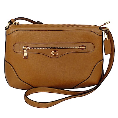 COACH牛奶糖色全皮C字飾牌前拉鍊袋小款斜背包