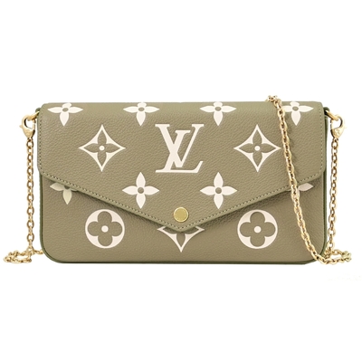 LV M82480 Félicie Pochette 經典壓花小牛皮WOC翻蓋斜背鍊包/小提包(卡其綠/奶油白)