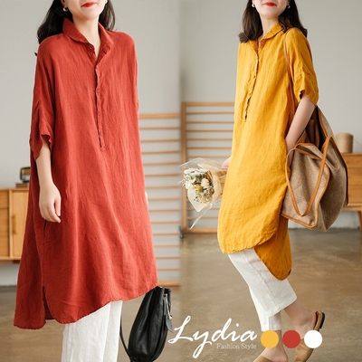 【Lydia】棉麻感寬鬆五分袖半開領長版襯衫(白/黃/紅 F)