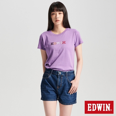 EDWIN 圓點刺繡印花短袖T恤-女-灰紫色