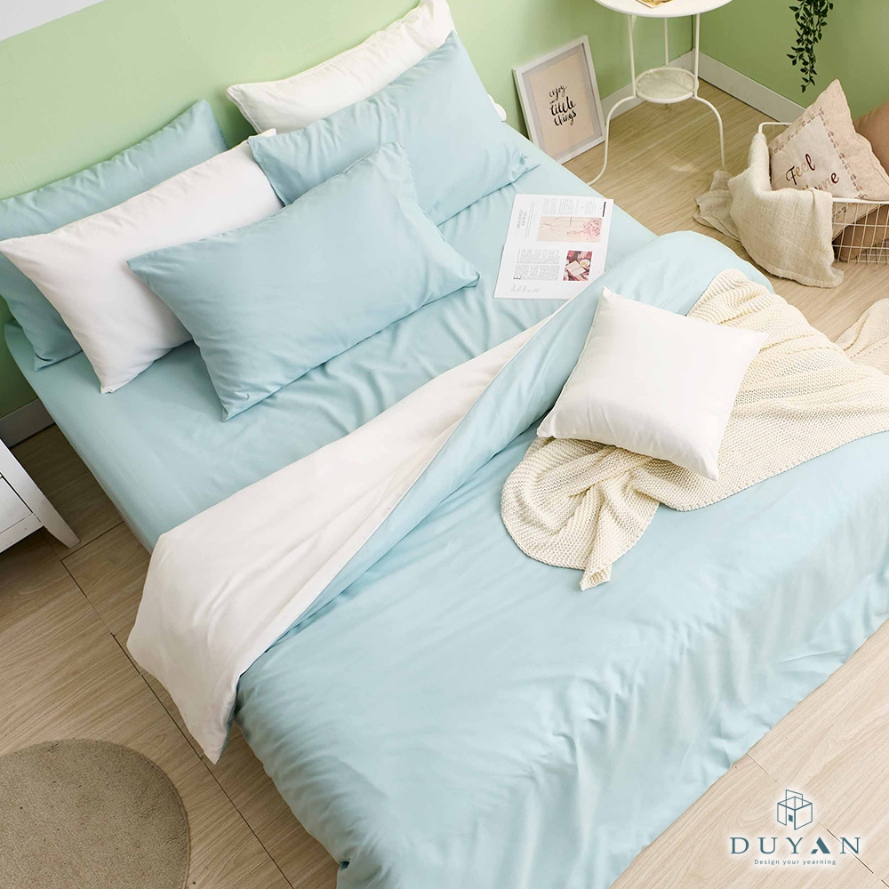DUYAN竹漾 舒柔棉-雙人床包被套四件組-薄荷綠床包+白綠被套 台灣製