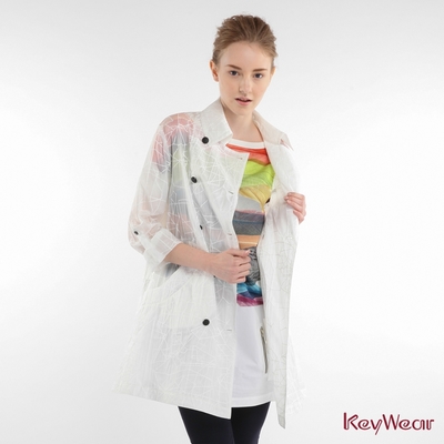 KeyWear奇威名品 時尚透視雙排釦長袖風衣-白色