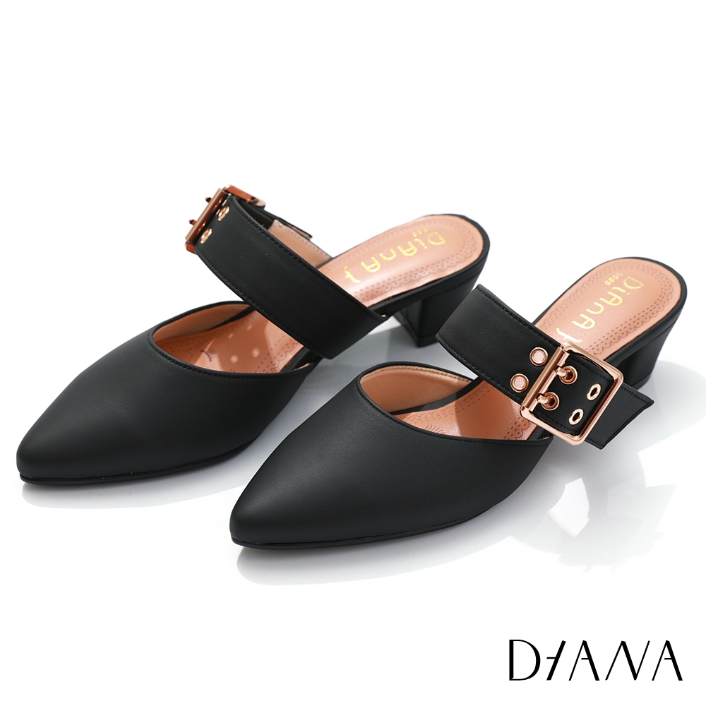 DIANA 5 cm絲綢羊皮瑪莉珍環踝金屬釦飾穆勒涼拖鞋-優雅甜美-黑 product image 1