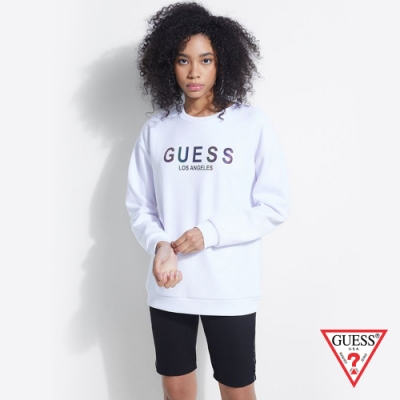 GUESS-女裝-炫光LOGO落肩長袖上衣-白