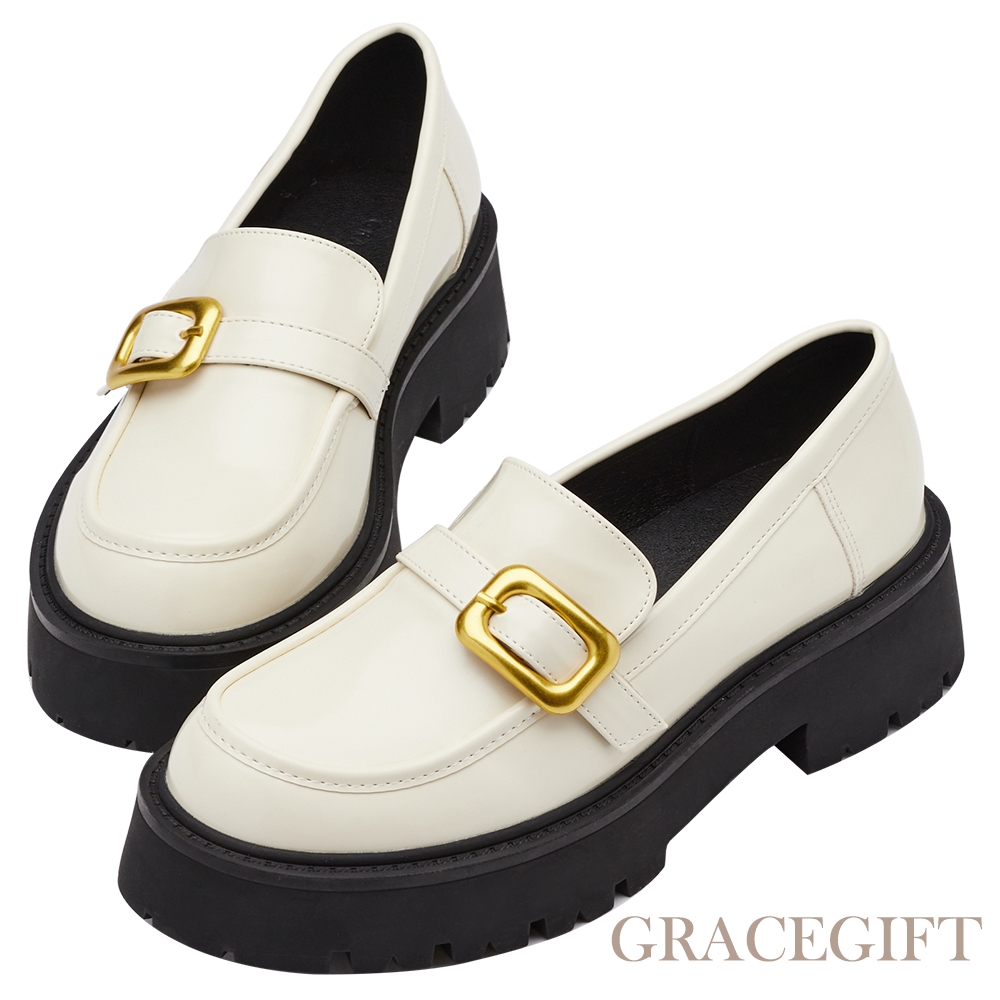 【Grace Gift】時髦方扣厚底中跟樂福鞋 米白