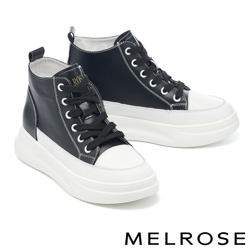 休閒鞋 MELROSE 美樂斯 潮流率性牛皮綁帶厚底高筒休閒鞋－黑
