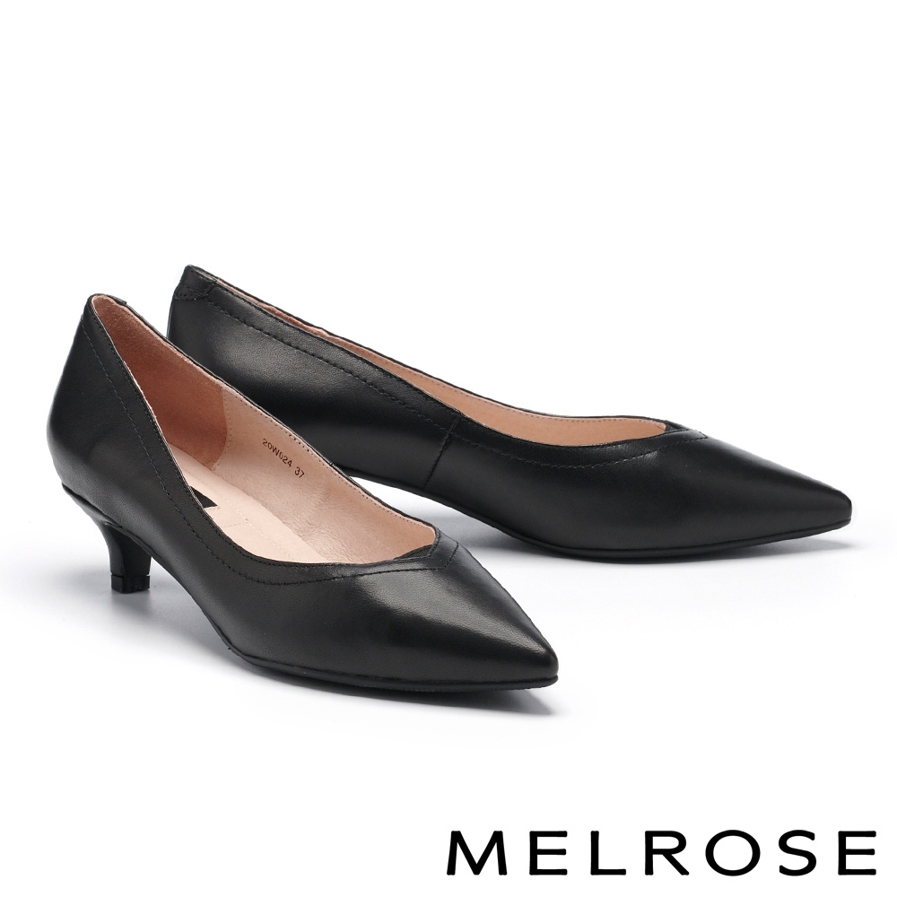 低跟鞋 MELROSE 極簡時尚純色羊皮尖頭低跟鞋－黑