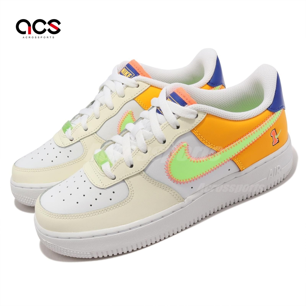 Nike 休閒鞋Air Force 1 LV8 GS 大童鞋女鞋白螢光黃橘藍AF1 FB1838-131