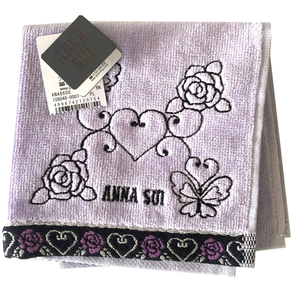 ANNA SUI 品牌字母愛心蝴蝶玫瑰LOGO刺繡小方巾(粉紫色系)