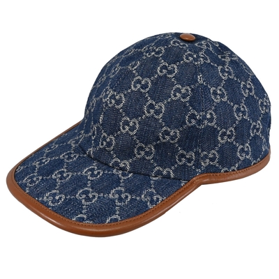 GUCCI 經典緹花帆布時尚造型棒球帽/遮陽帽(藍/咖邊)