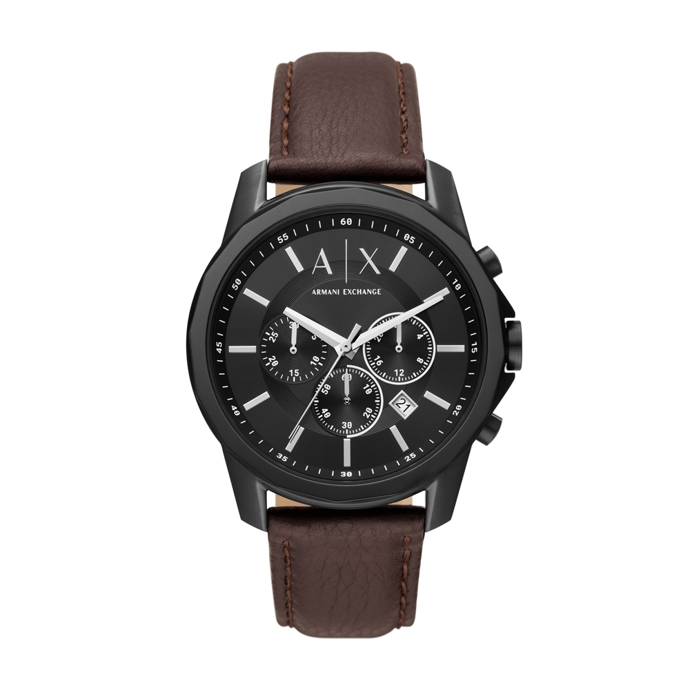 A│X Armani Exchange 溫紳品格三眼計時腕錶-黑X深棕皮帶-AX1732-42mm