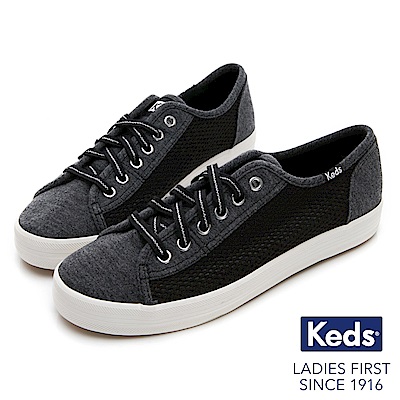 Keds KICKSTART 透氣網布拼接綁帶休閒鞋-炭黑