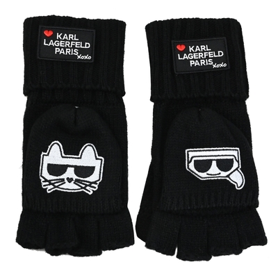 KARL LAGERFELD 經典電繡卡爾與貓咪露指針織保暖手套 (黑)