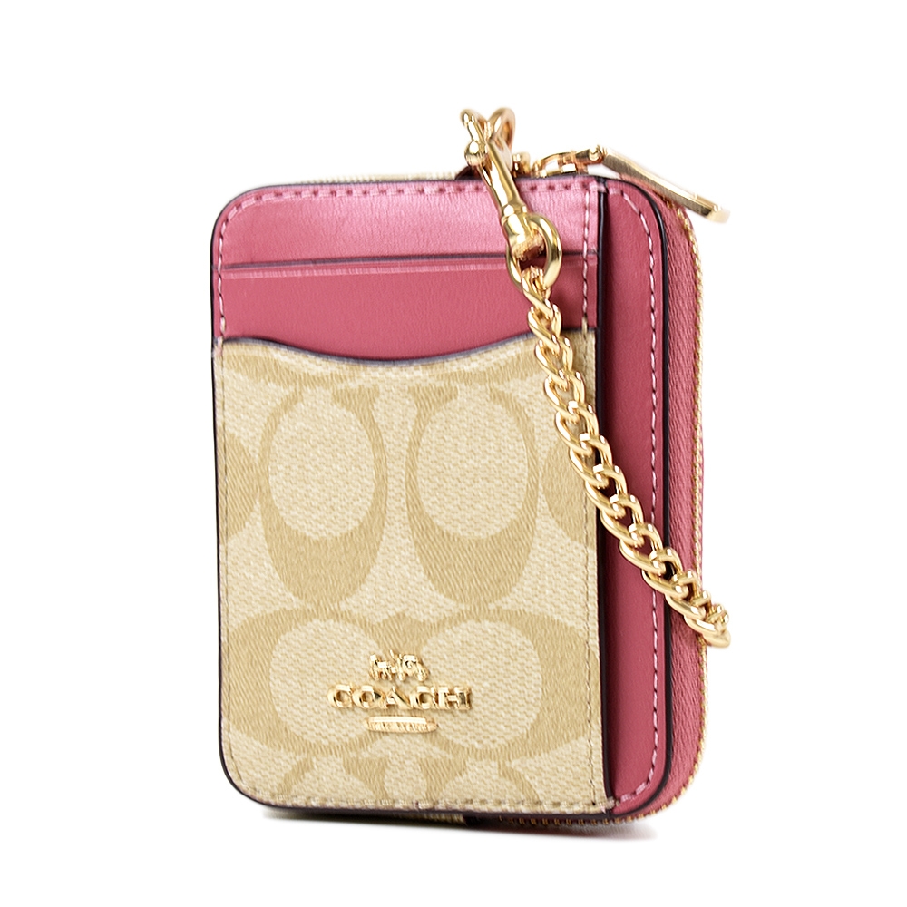 COACH 緹花LOGO鍊帶證件零錢包-胭脂粉