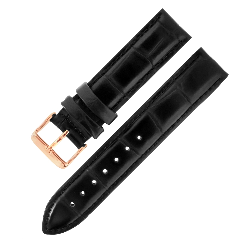 Watchband / DW 各品牌通用 真皮壓紋錶帶 鍍玫瑰金不鏽鋼扣頭-黑色