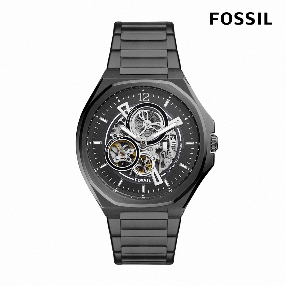 FOSSIL Evanston 未來主義鏤空機械手錶 黑色不鏽鋼鍊帶 45MM BQ2621