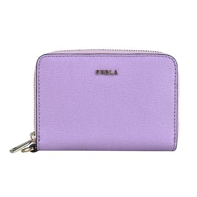 FURLA Babylon金字LOGO防刮牛皮2卡拉鍊錢包(薰衣草紫x灰)