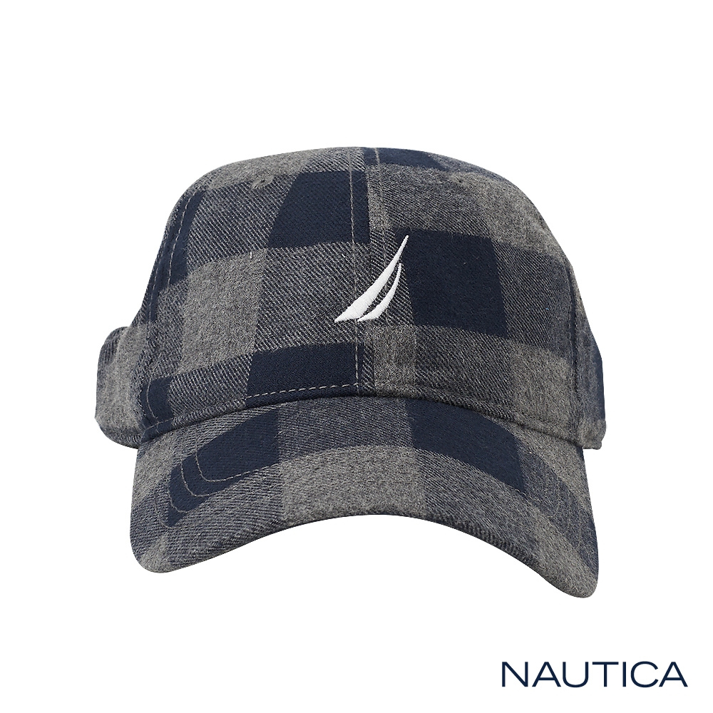 Nautica 毛呢格紋品牌LOGO刺繡休閒帽-藍