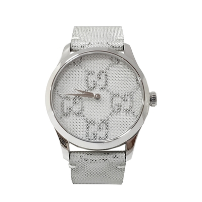 【GUCCI 古馳】508788 經典G-Timeless系列限量3D立體設計石英手錶(銀色-38mm)