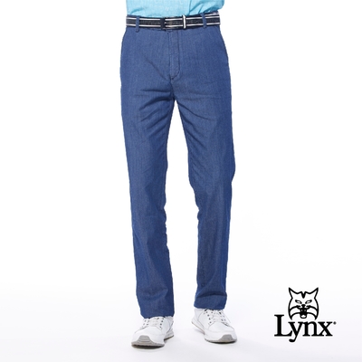 【Lynx Golf】男款彈性舒適百搭純棉素面款式平面休閒長褲-牛仔藍色