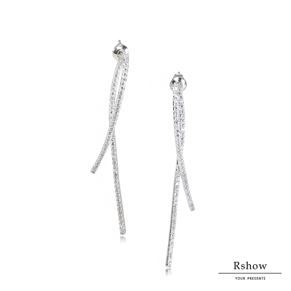 Rshow 銀色法式絲帶微鑲曲線水鑽耳環