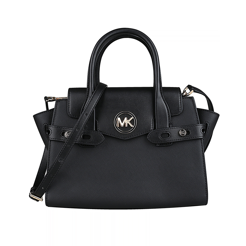 MICHAEL KORS Carmen金色金屬LOGO防刮皮革拼接手提斜背包(中/黑)