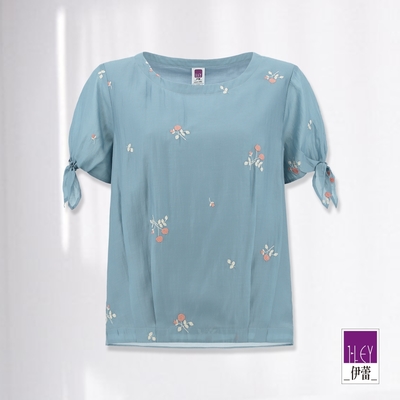 ILEY伊蕾 甜美刺繡花卉綁帶袖萊賽爾纖維上衣(藍色；M-XL)1231241004