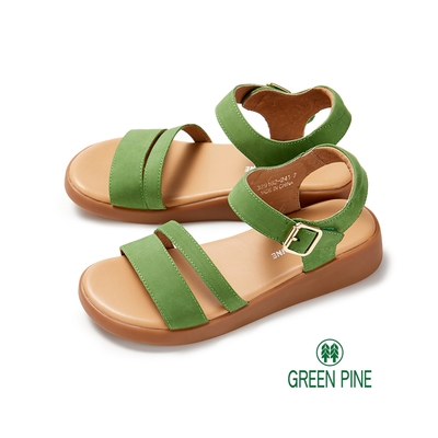 GREEN PINE頂級牛皮微厚底魔鬼氈涼拖鞋綠色(00329162)