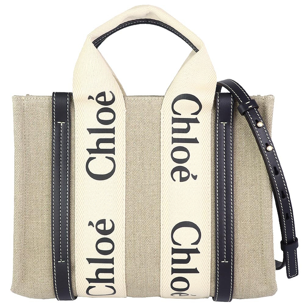 CHLOE WOODY TOTE 亞麻布藍色皮邊斜背/手提包