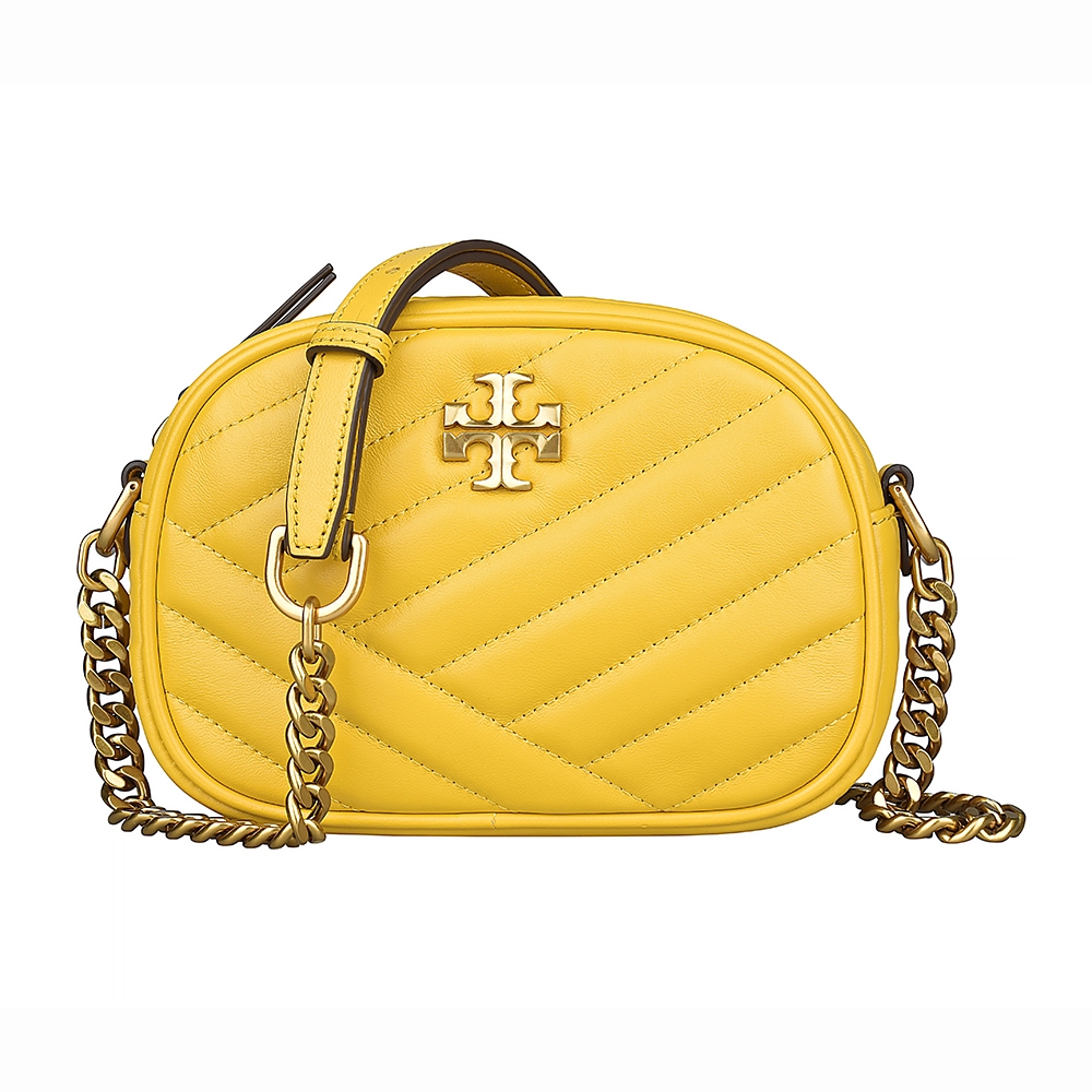 TORY BURCH KIRA CHEVRON 金色雙T LOGO絎縫設計羊皮拉鍊斜背相機包(金黃)