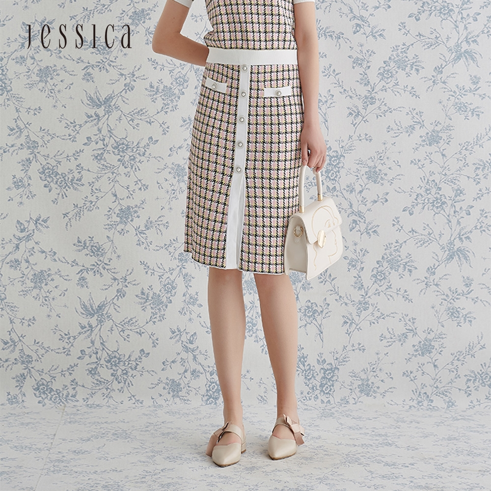 JESSICA - 復古優雅撞色千鳥格修身針織裙
