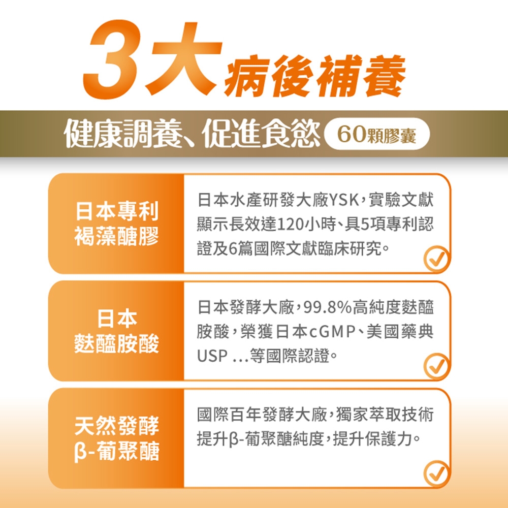 3大病後補養健康調養促進食慾 60顆膠囊日本專利褐藻醣膠日本水產研發大廠YSK,實驗文獻顯示長效達120小時、具5項專利認證及6篇國際文獻臨床研究。日本麩醯胺酸日本發酵大廠,99.8%高純度麩醯胺酸,榮獲日本CGMP、美國藥典USP...等國際認證。天然發酵國際百年發酵大廠,獨家萃取技術提升葡聚醣純度,提升保護力。葡聚醣