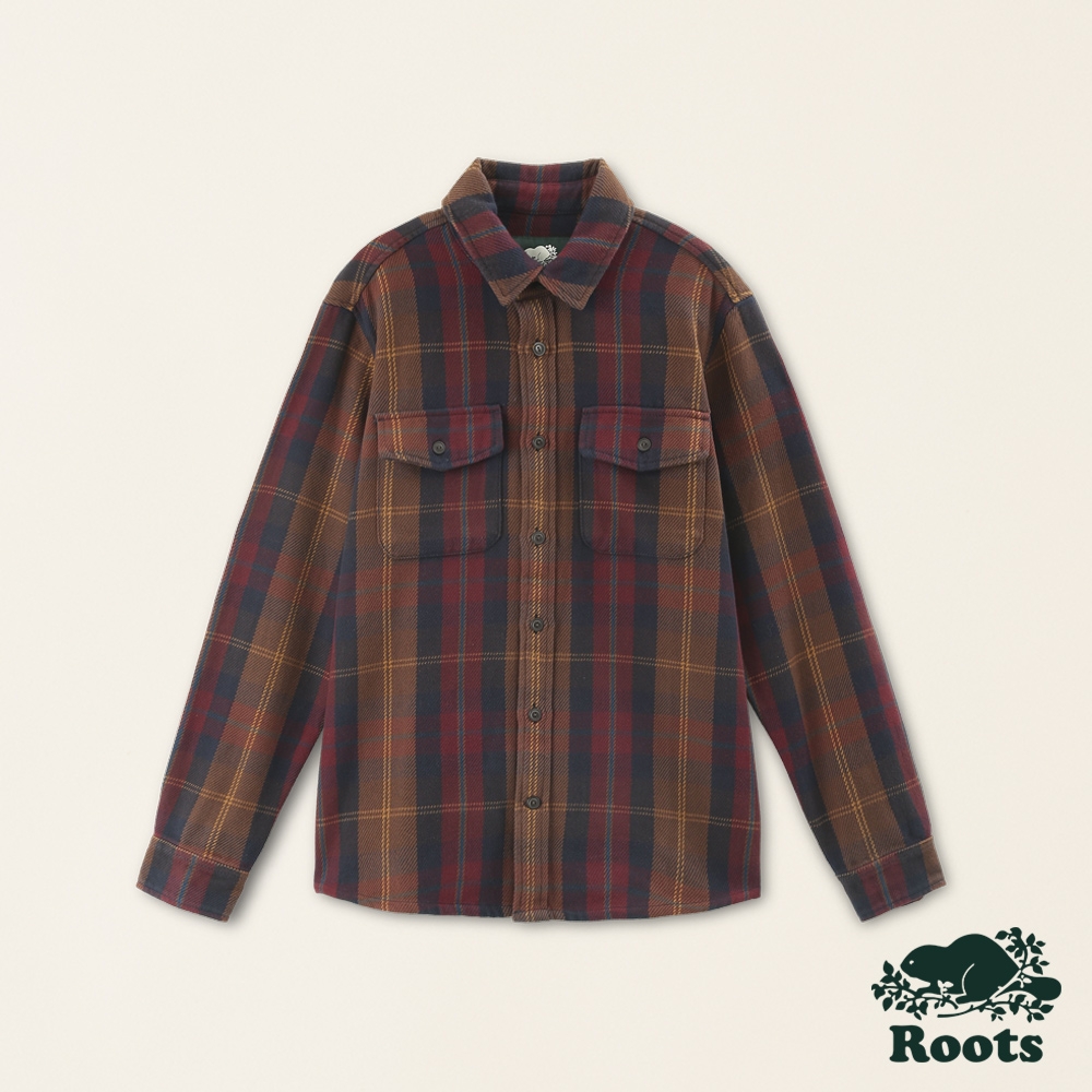 Roots男裝-率性生活系列 格紋有機棉長袖襯衫-棕色