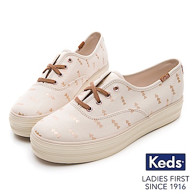 Keds TRIPLE 森林圖騰綁帶厚底休閒鞋-米/金