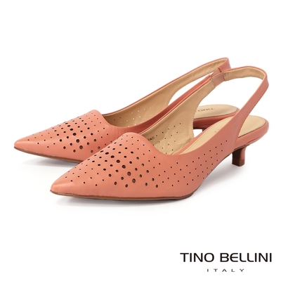 Tino Bellini 巴西進口氣質沖孔尖頭後拉帶中低跟鞋_粉橘