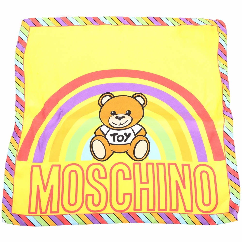 MOSCHINO 彩虹泰迪熊字母印花黃底真絲方巾 領巾(50x50)