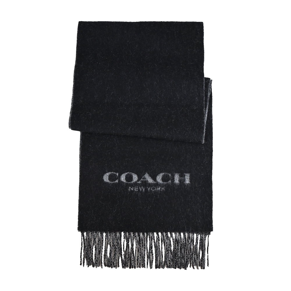 COACH 素面logo雙面撞色羊毛流蘇圍巾(黑灰)