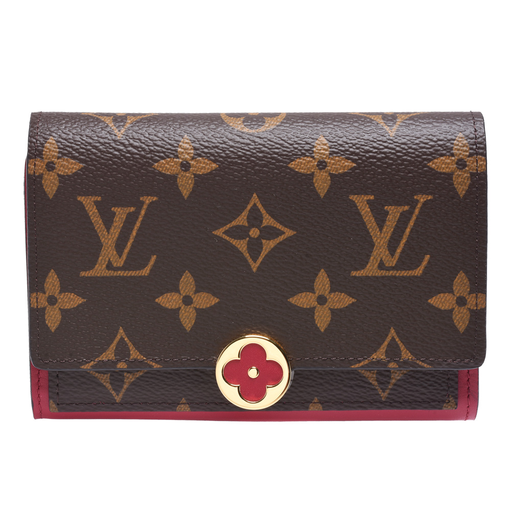 LV M64588經典Flore系列Monogram帆布印花牛皮飾邊花卉暗釦短夾(紫紅色)