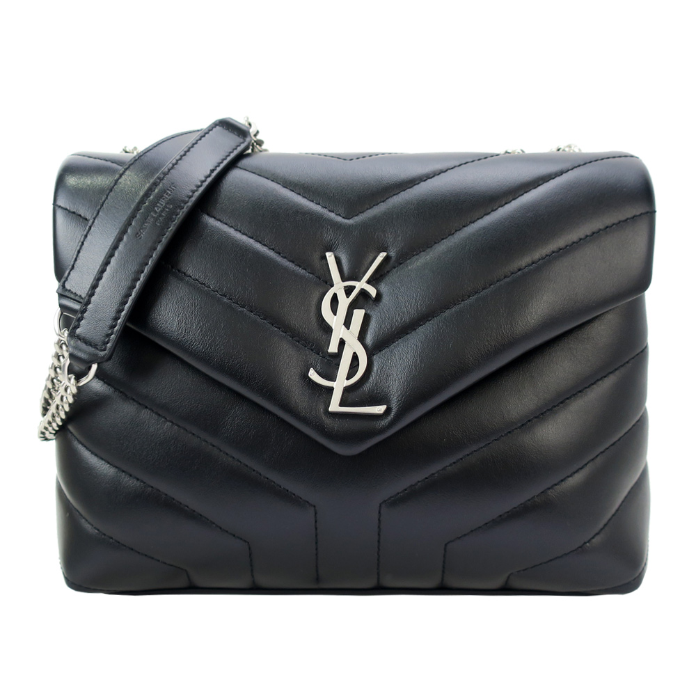 YSL Saint Laurent銀LOGO小牛皮縫線翻蓋肩背/斜背包(小/黑)