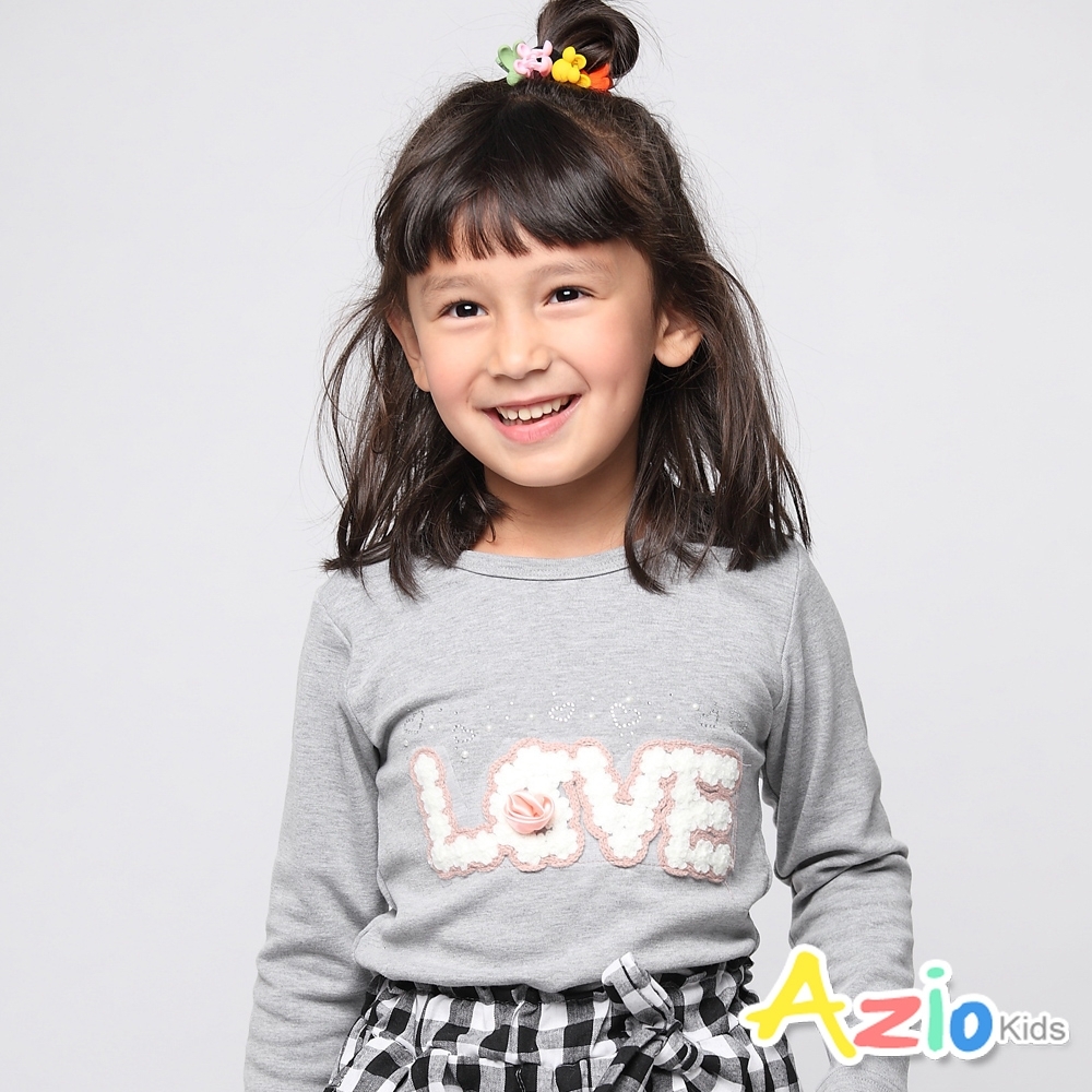 Azio Kids 女童 上衣 英文字母毛線珠珠立體玫瑰上衣 (灰)