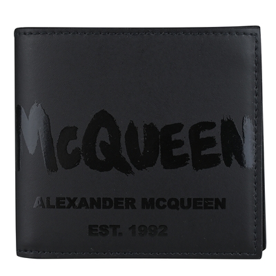 ALEXANDER McQUEEN 經典光亮皮LOGO對折短夾(黑x黑)