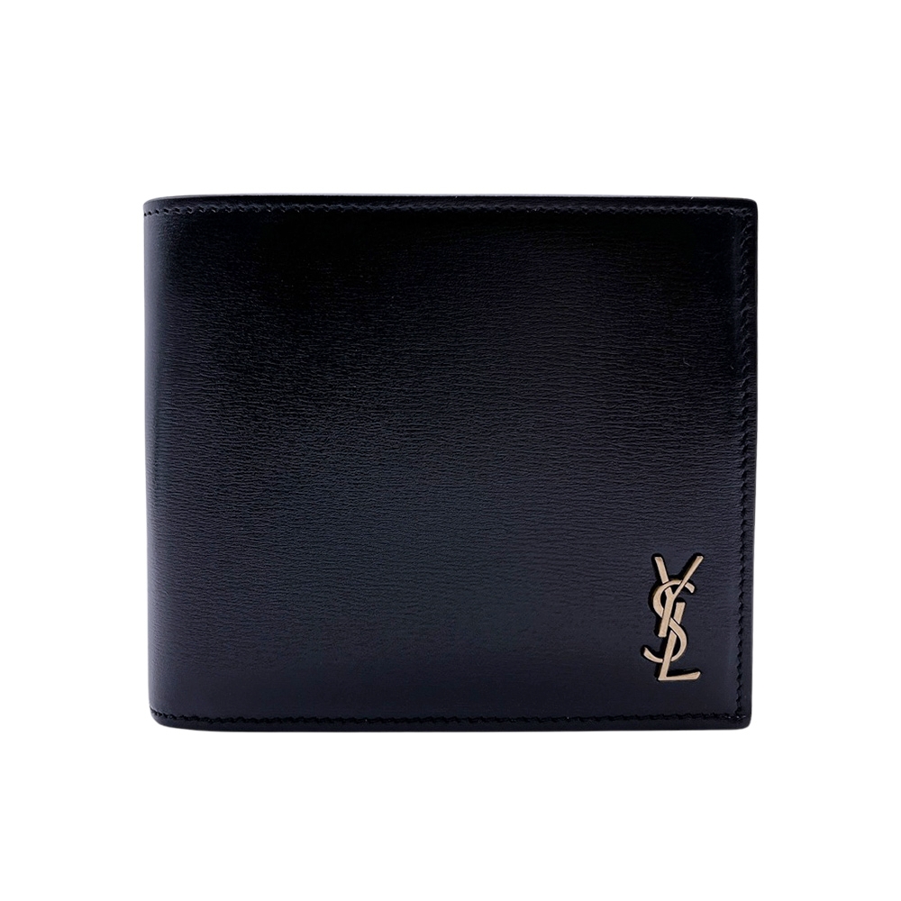 YSL 品牌金logo牛皮對折男短夾(607727-黑)