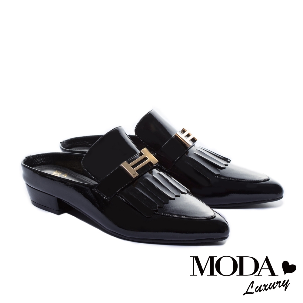 拖鞋 MODA Luxury 復古雅痞風格流蘇穆勒低跟拖鞋－黑