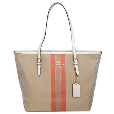 COACH淺卡撞色粉橘直紋帆布肩背托特包