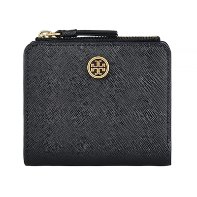 TORY BURCH Robinson金屬圓標LOGO牛皮6卡釦式零錢短夾(黑)