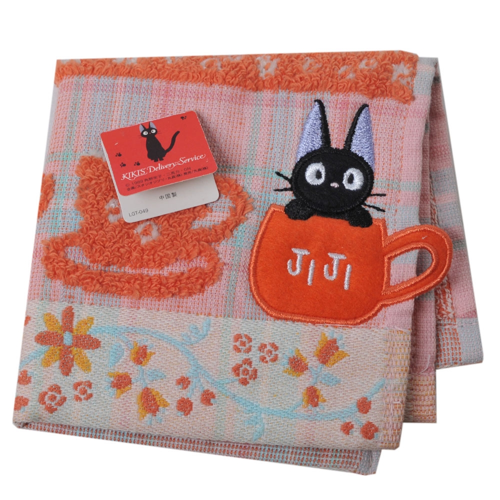 JiJi 魔女宅急便小貓咖啡杯圖騰LOGO小方巾(粉色鮮橘)