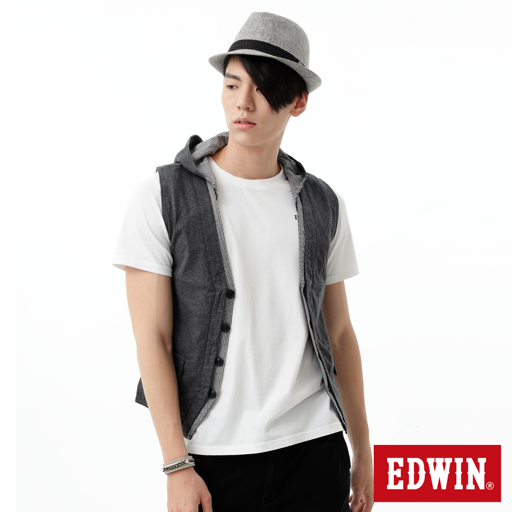 【EDWIN】休閒時尚 針織接格連帽背心-男款(質感灰)