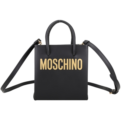 MOSCHINO Shopper 字母印花小牛皮手提斜背紙袋包(黑x金)