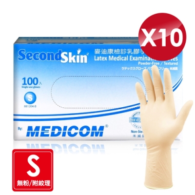 (10盒) Medicom 麥迪康 乳膠手套 (無粉/附紋理) S號 100入X10盒